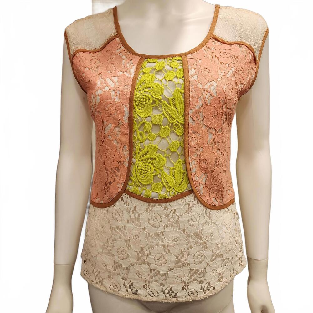 Anthropologie Lace Floral peach Cream Lime Tank Blouse Women XS